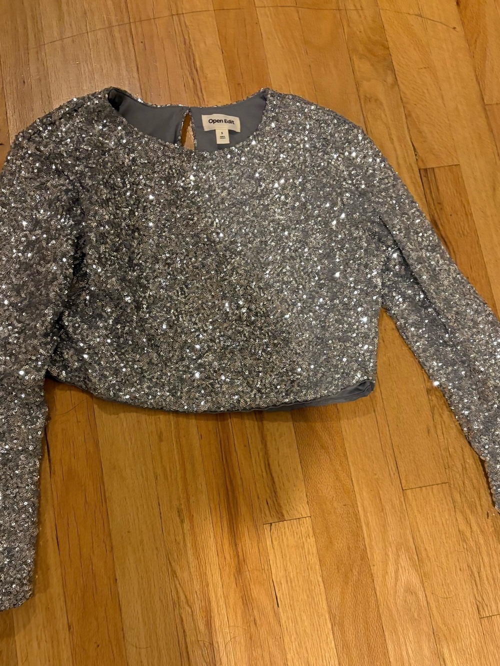 Open Edit Silver Sequin Long-Sleeve Crop Top